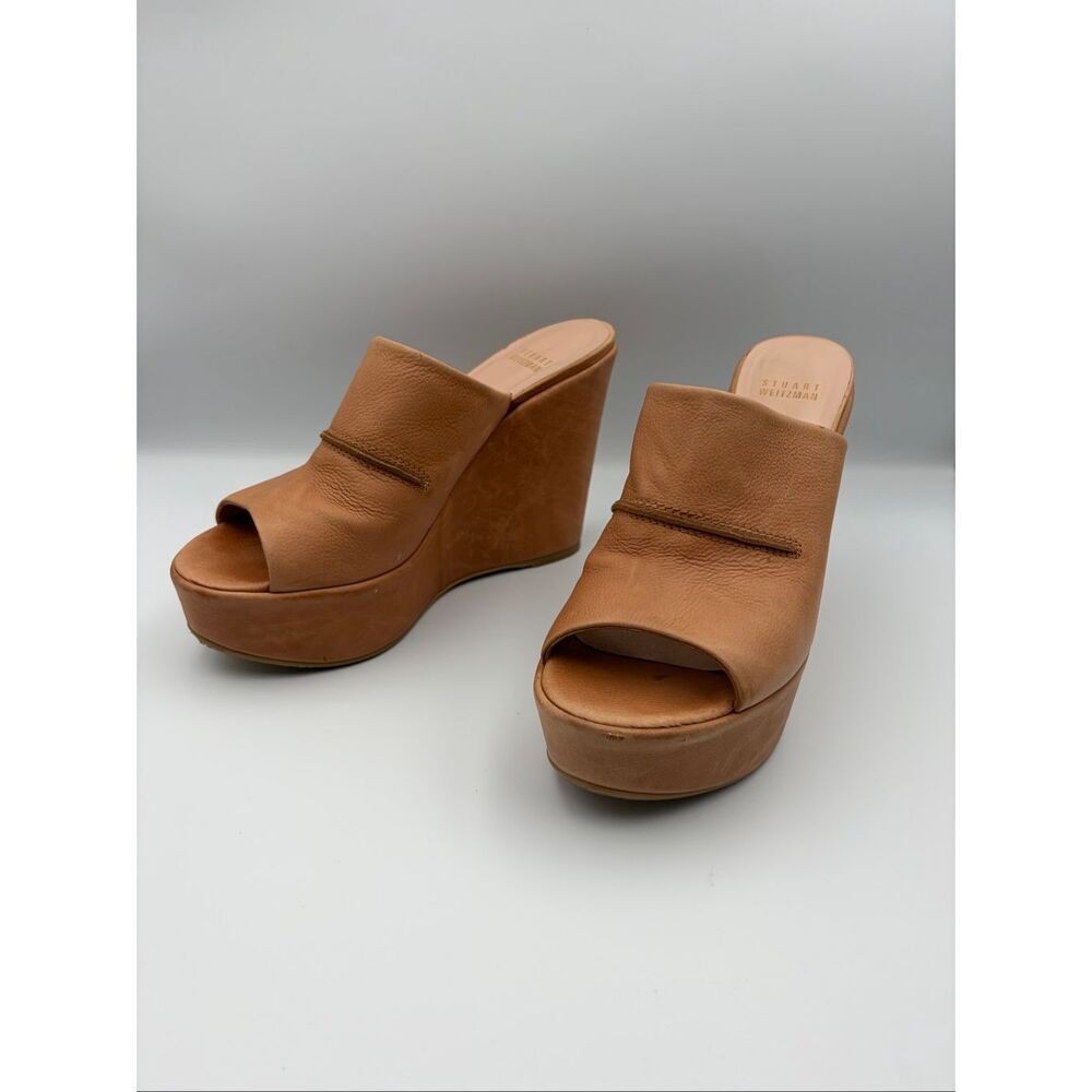 Stuart Weitzman Leather Platform Wedge Slide Sandals Tan Size 8 - Picture 3 of 12